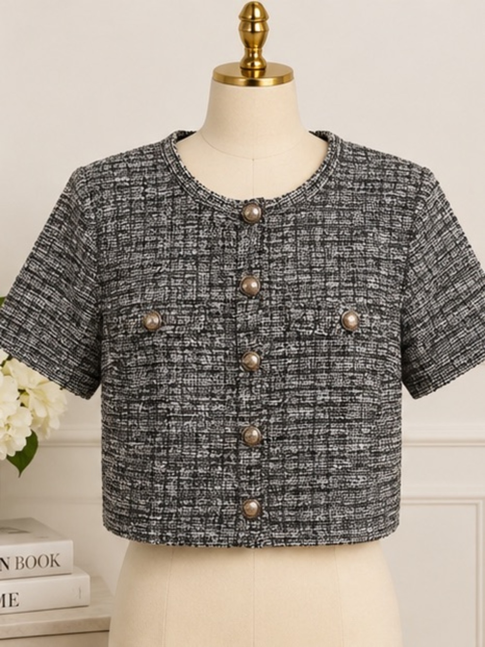 H&M Black and White Cropped Tweed Button-Down Top
